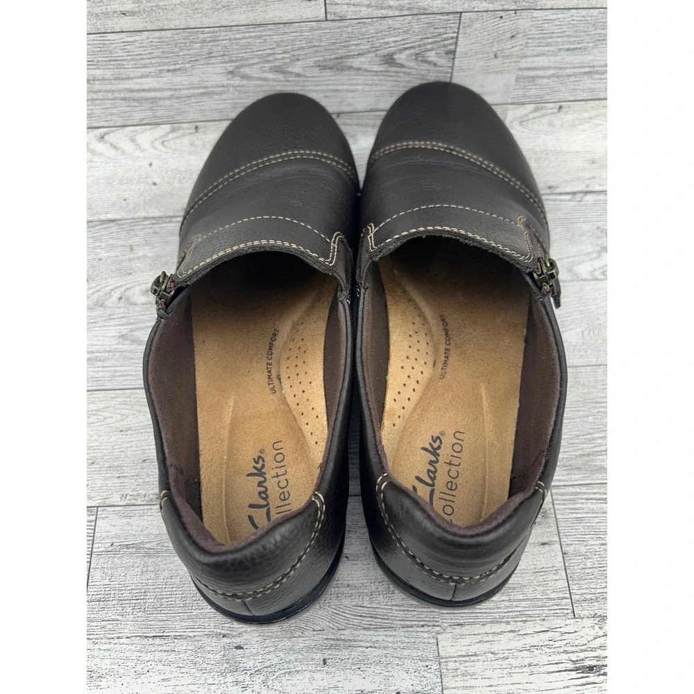 Clarks Collection Womens Brown‎ Leather Zip Side Slip On Loafer Shoes Size 7M